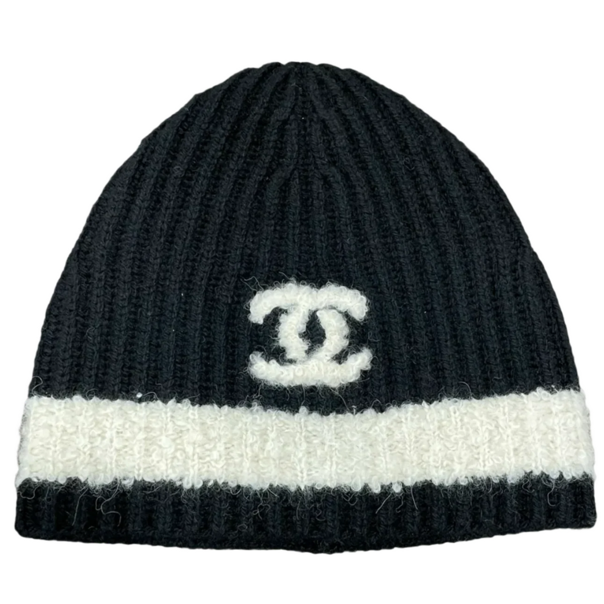 Chanel Ecru Stripe Black CC Cashmere Beanie