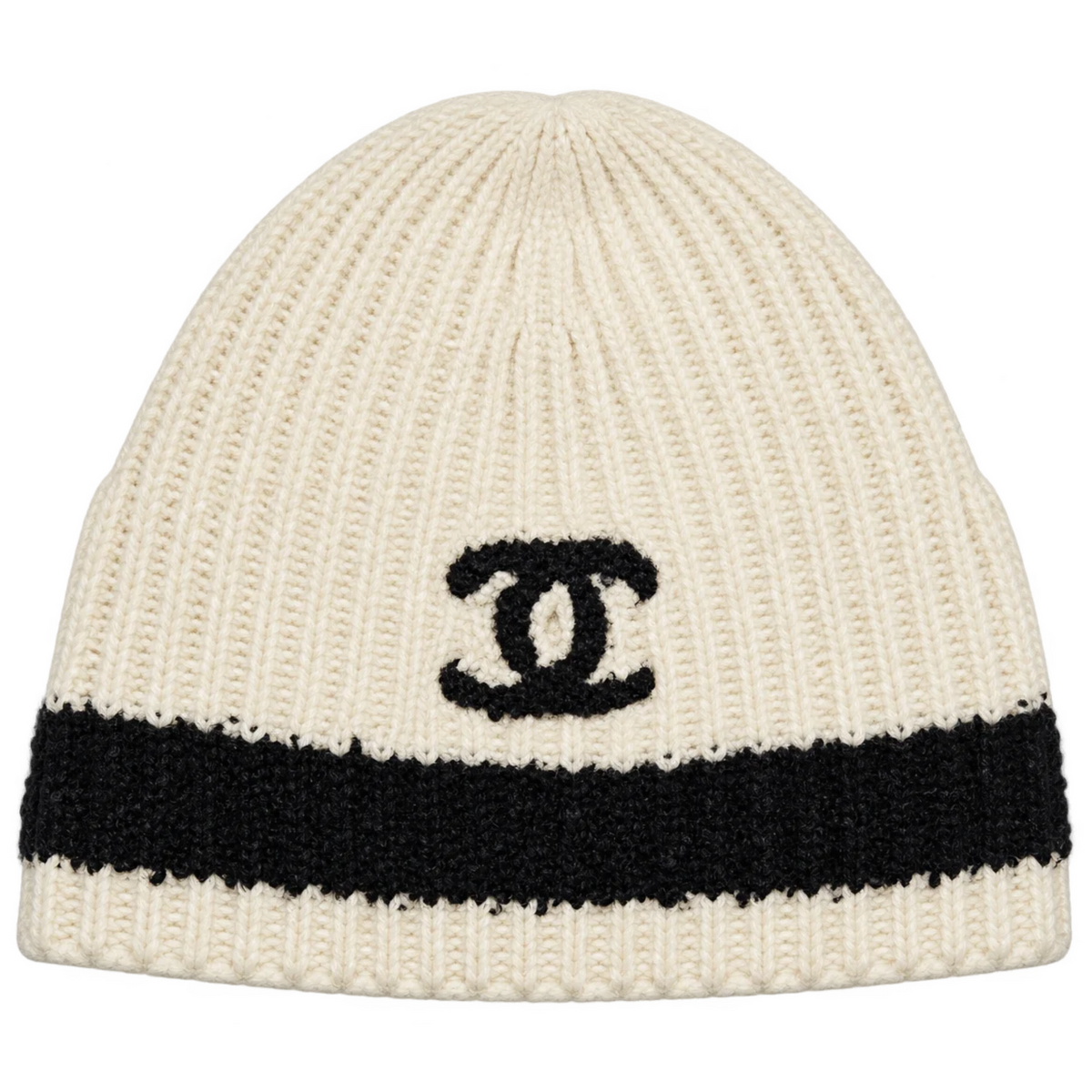 Chanel Ecru Stripe CC Cashmere Beanie