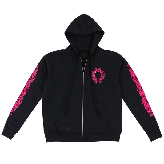 Chrome Hearts Horseshoe Logo ZIp Up Hoodie Black/Pink