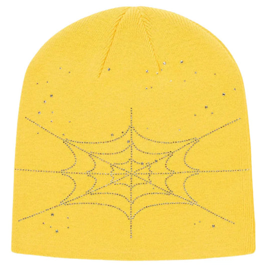 SP5DER Yellow Rhinestone Web Beanie