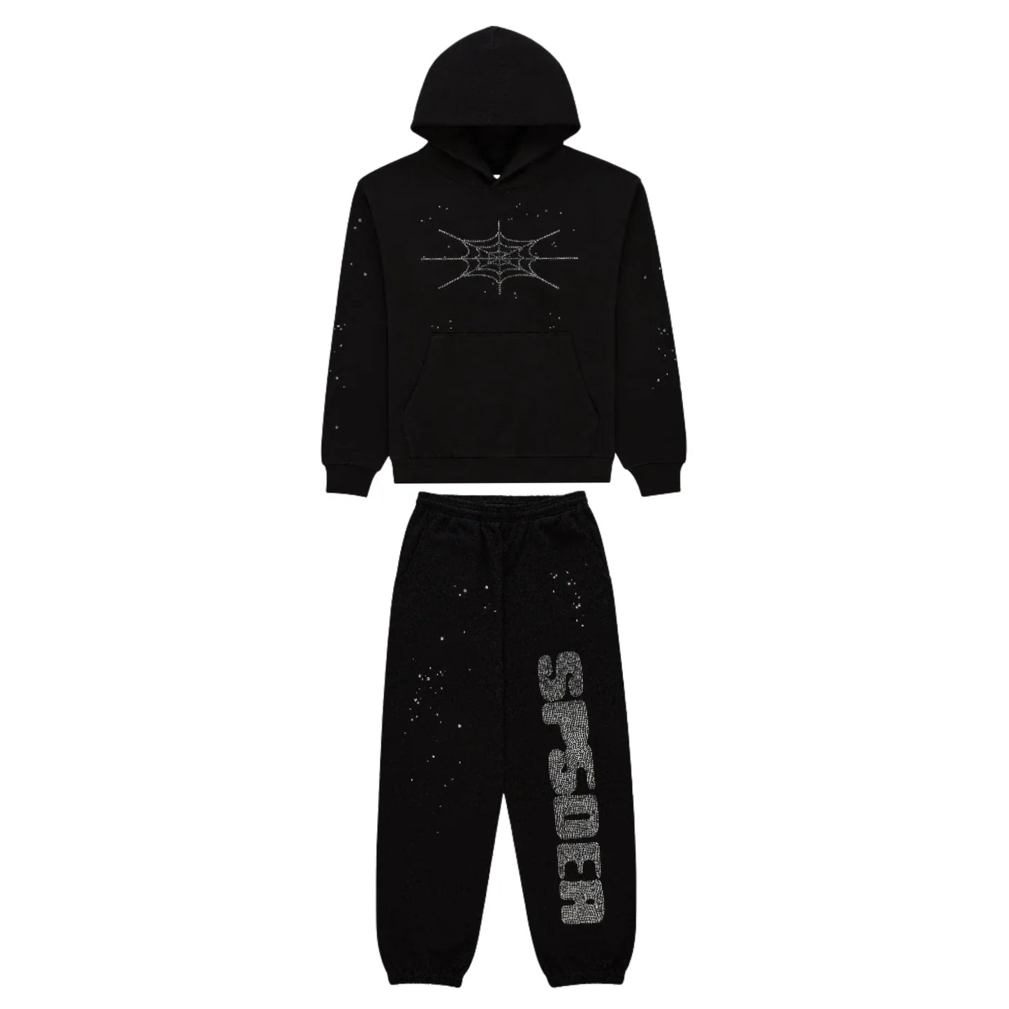 Sp5der Rhinestone Silk Sweatsuit Black