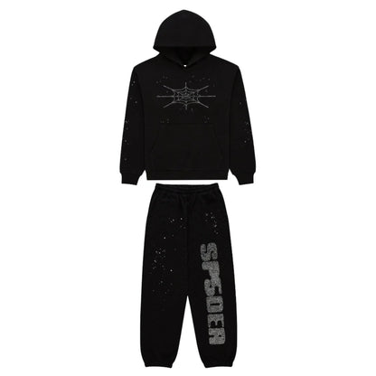 Sp5der Rhinestone Silk Sweatsuit Black