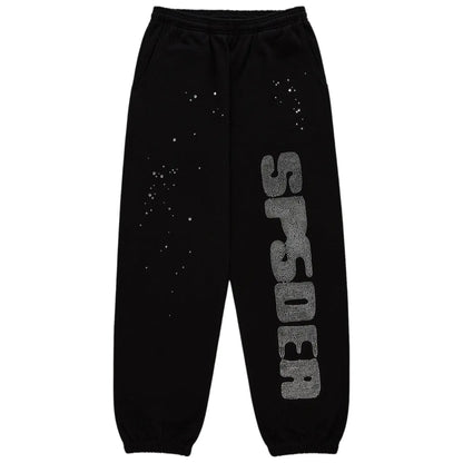 Sp5der Rhinestone Silk Sweatsuit Black