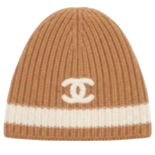 Chanel Ecru Stripe CC Cashmere Beanie