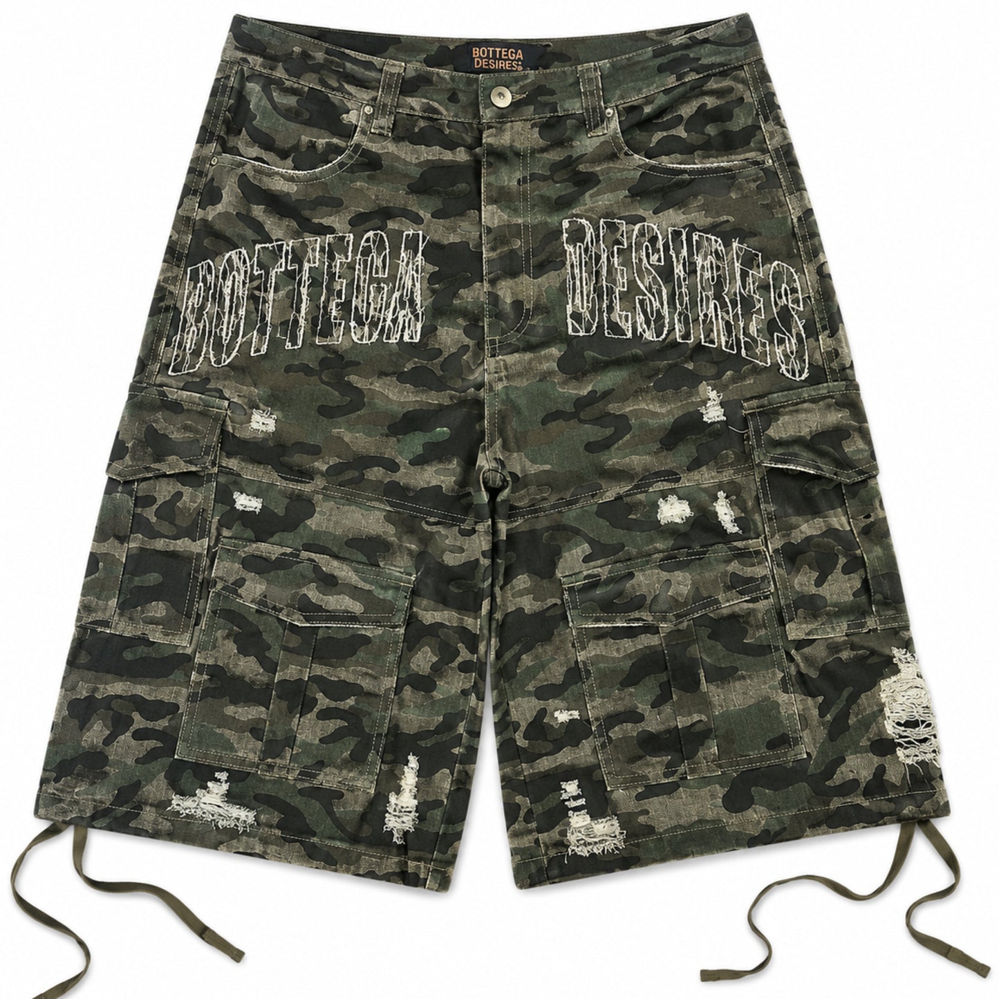 Bottega Desires Distressed Camo Cargo Shorts