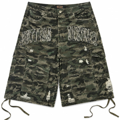 Bottega Desires Distressed Camo Cargo Shorts