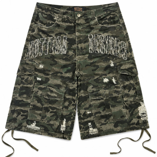 Bottega Desires Distressed Camo Cargo Shorts