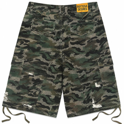 Bottega Desires Distressed Camo Cargo Shorts