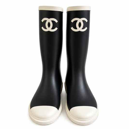 Chanel Black/White Rubber Rain Boot