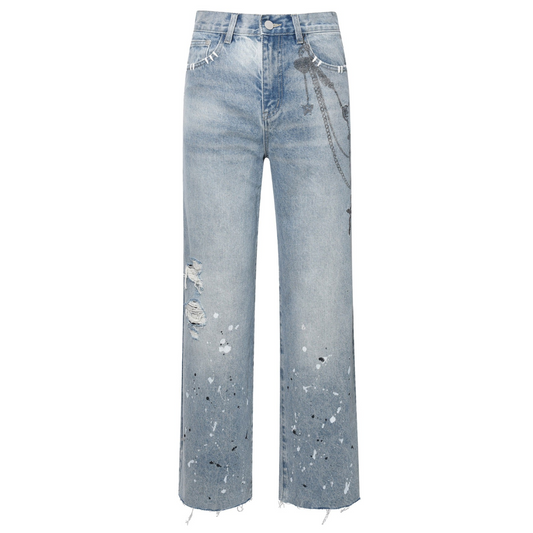 Birth of Royal Child Chain Ink Print Detailed Patch Jeans