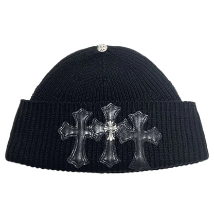 Chrome Hearts Leather Triple Cross Patch Cashmere Beanie with Silver Cross