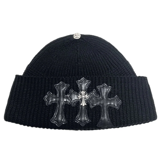 Chrome Hearts Leather Triple Cross Patch Cashmere Beanie with Silver Cross