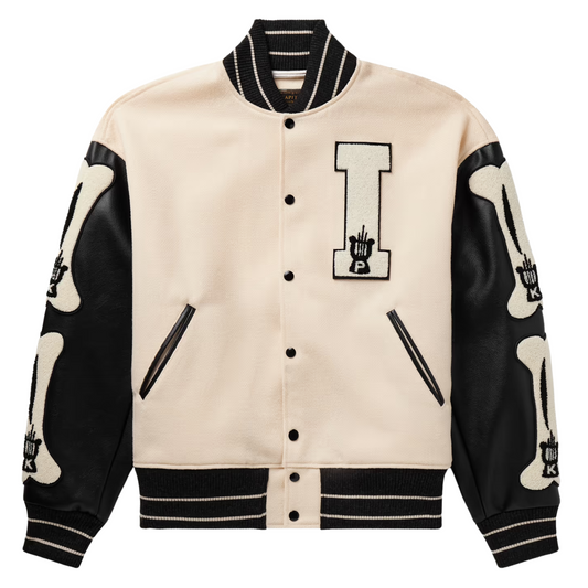 Kapital Faux Leather and Wool-Blend Varsity Jacket Ecru