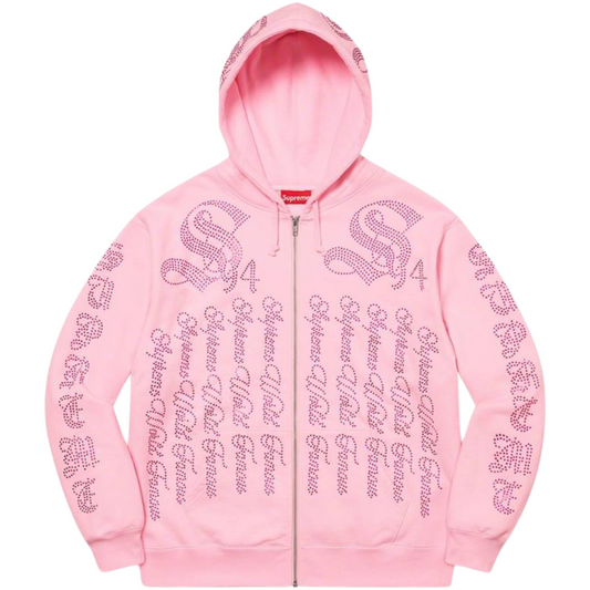 Supreme Rhinestone Zip Up Hoodie Light Pink
