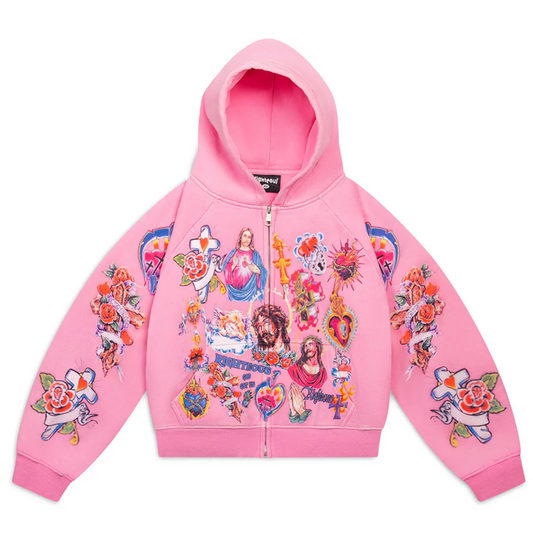 We Are Righteous Risen King Cropped Zip Pink