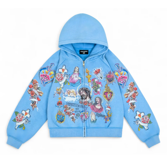 We Are Righteous Risen King Cropped Zip Blue