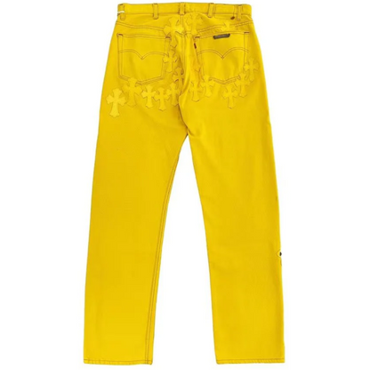 Chrome Hearts Paris Exclusive Yellow Cross Leather Patch Jeans