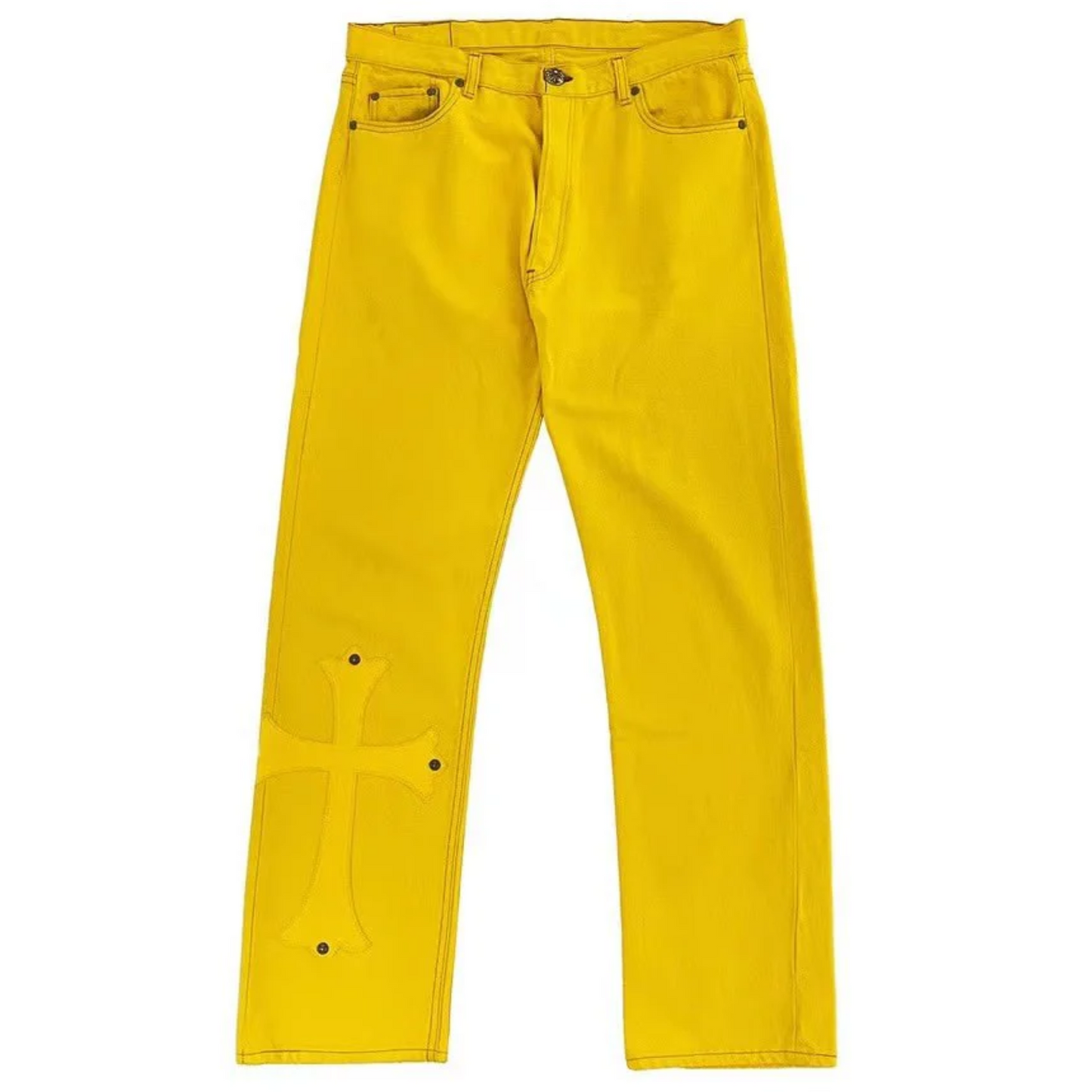 Chrome Hearts Paris Exclusive Yellow Cross Leather Patch Jeans