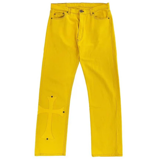 Chrome Hearts Paris Exclusive Yellow Cross Leather Patch Jeans