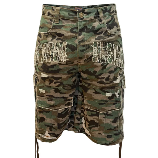 Bottega Desires Distressed Camo Cargo Shorts