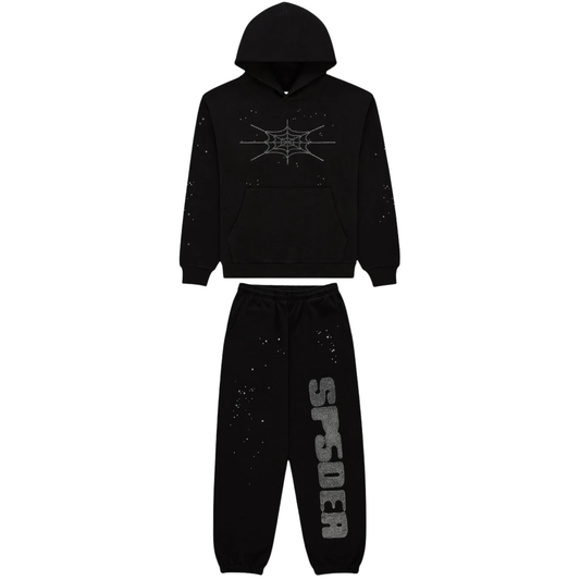 Sp5der Rhinestone Silk Sweatsuit Grey