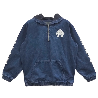 Chrome Hearts Leather Cemetery Triple Cross Quarter Zip Denim Jacket