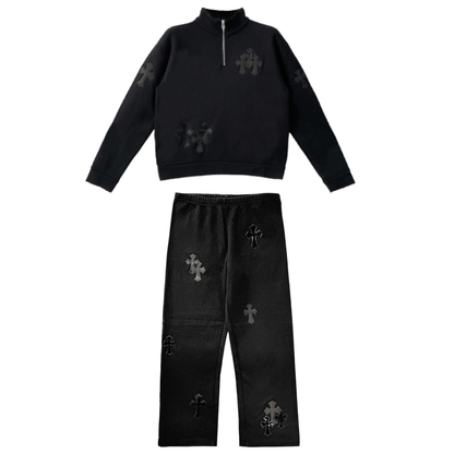 Chrome Hearts Black Pony Hair Patent Leather Cross Quarter Zip Sweatsuit