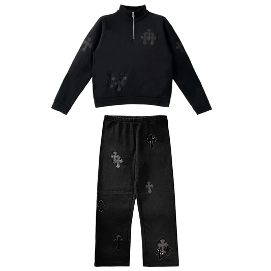 Chrome Hearts Black Pony Hair Patent Leather Cross Quarter Zip Sweatsuit