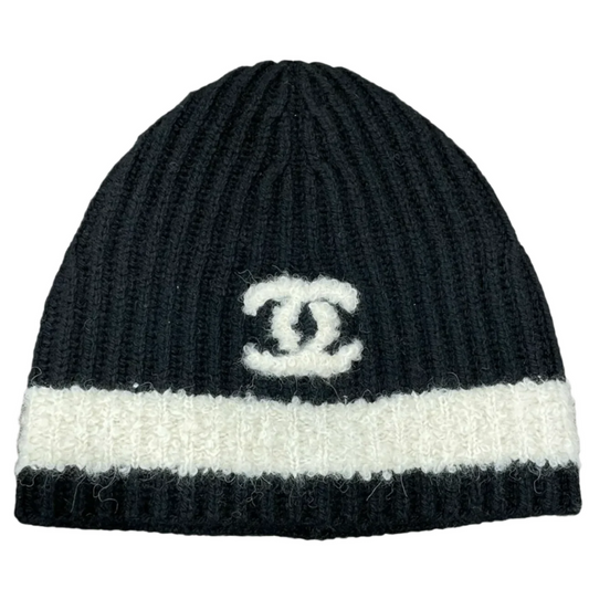 Chanel Ecru Stripe Black CC Cashmere Beanie