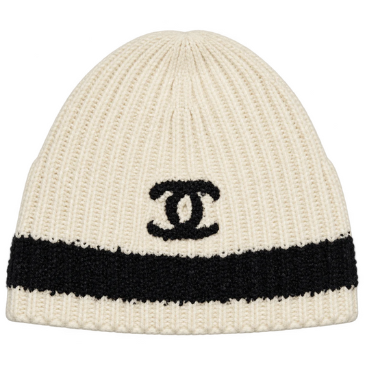 Chanel Ecru Stripe CC Cashmere Beanie