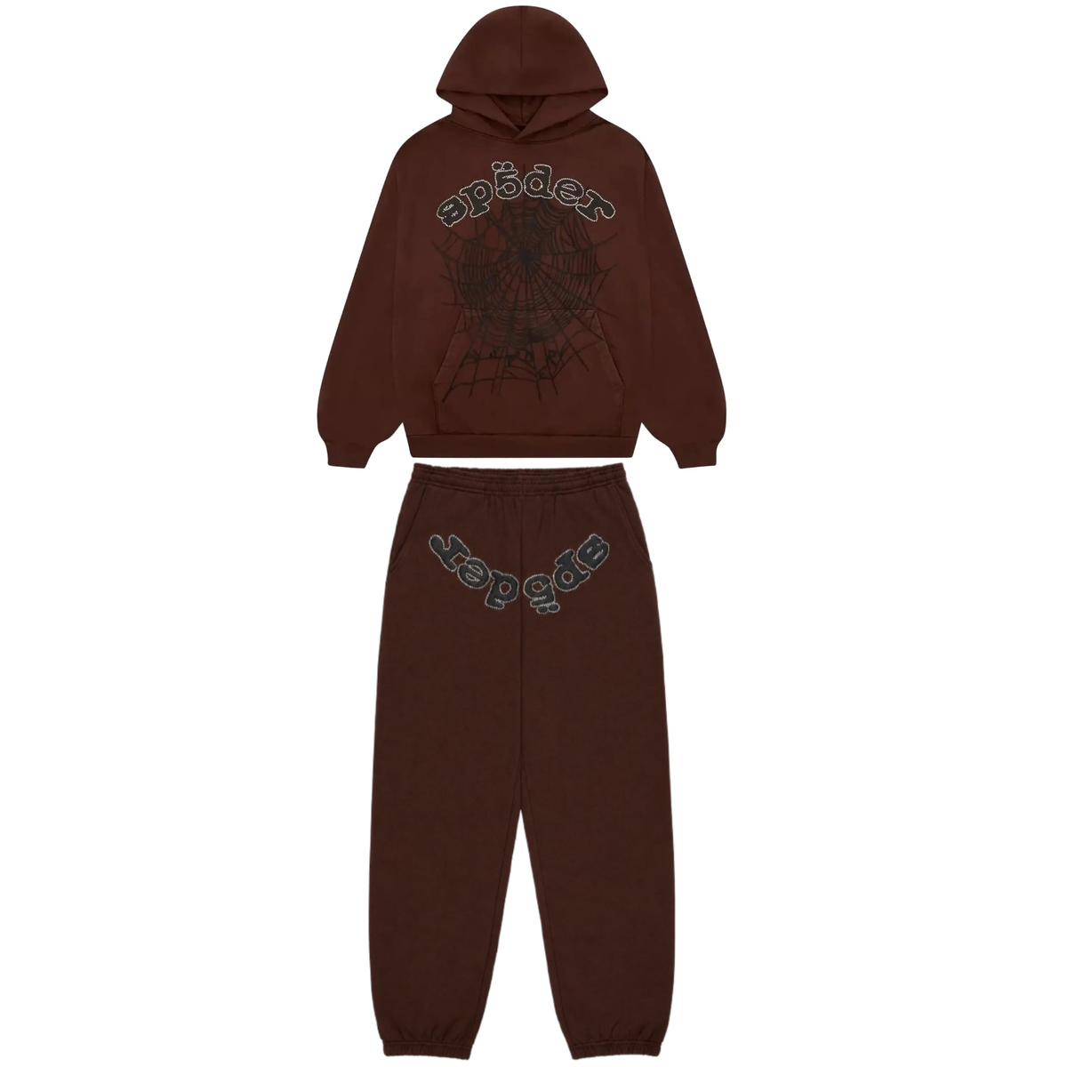 Sp5der OG Web Rhinestone Sweatsuit Brown
