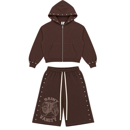 Saint Vanity Studded French Terry Sweatsuit Brown