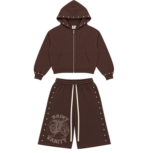 Saint Vanity Studded French Terry Sweatsuit Brown