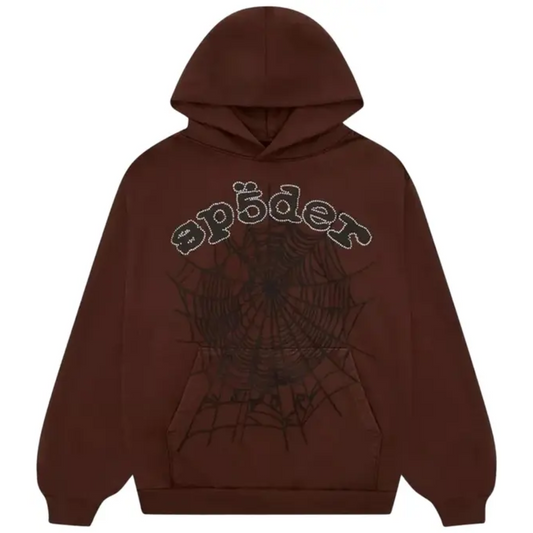 Sp5der x Travis Scott ComplexCon Exclusive Rhinestone Web Hoodie Brown