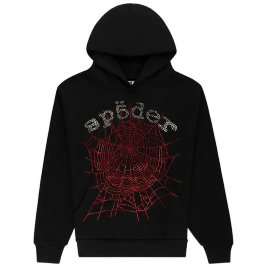 Sp5der OG Web V2 Rhinestone Logo Hoodie Black